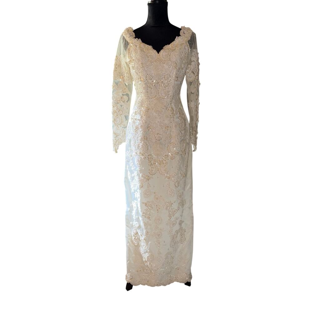 Vintage Wedding Dress Women's Size 8 Ivory Beading Sequin Detachable Train